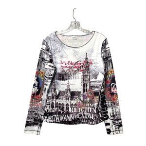 Vtg Y2K Love Amour Long Sleeve Vienna Graphic Print Top Rhinestone Accents Sz XL